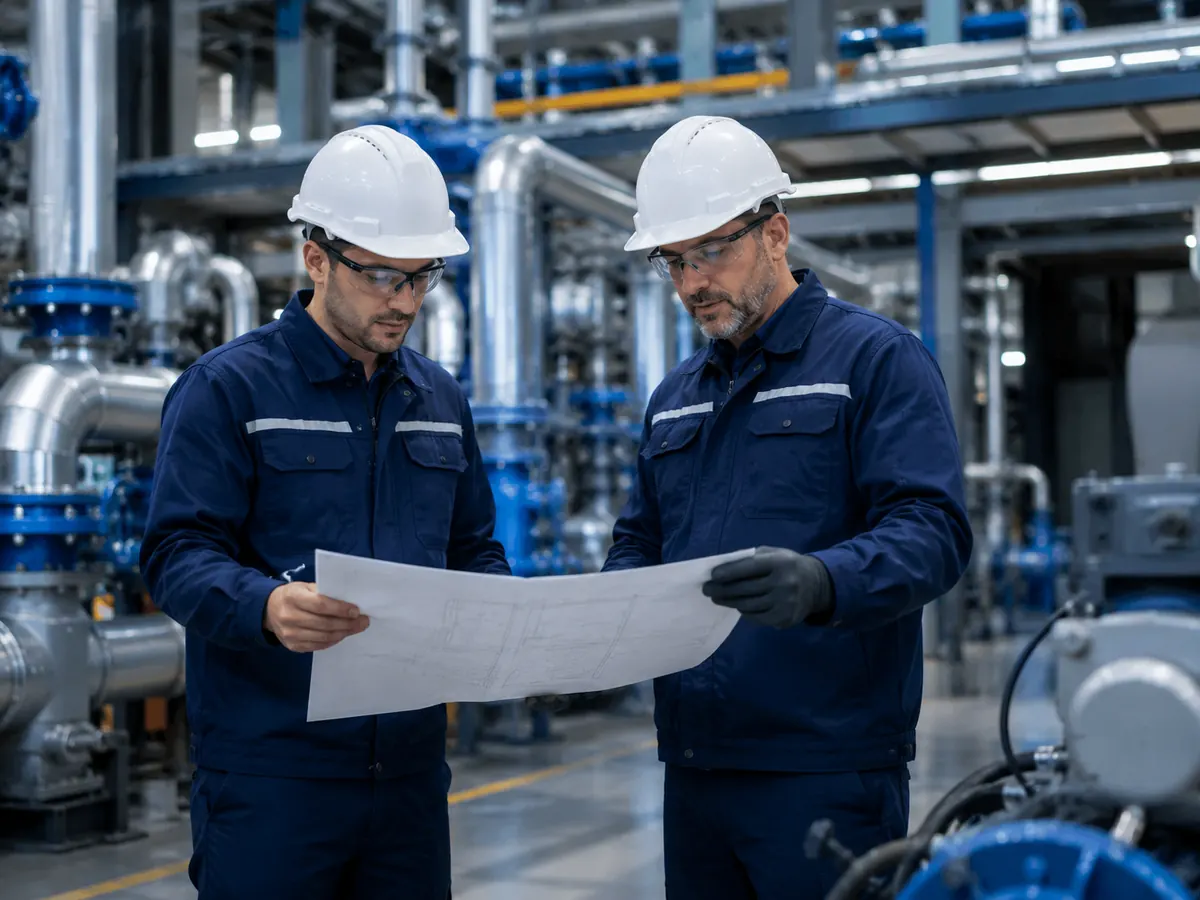 Ingenieros de Smart Baja revisando planos técnicos en planta industrial